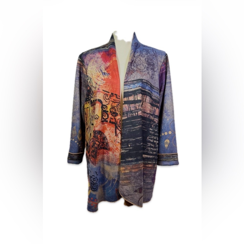 Ali Miles Abstract Multi Media Open Front Jacket Size L Multicolor